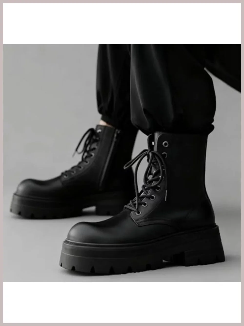 Leather Lace-up Platform Combat Boots Side Zipper Chunky Heel Lug Sole Ankle